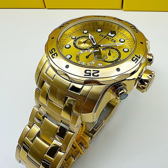 Invicta Men's 48mm PRO DIVER Scuba Chronograph Gold Dial 18K Gold Plated Watch - Picture 6 of 9